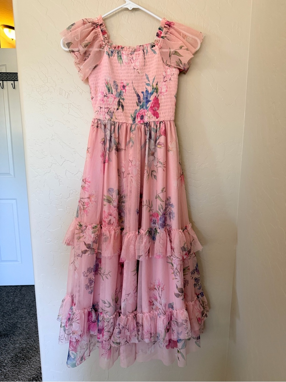 Rare Editions Pink Floral Ruffle Maxi Dress with Puff Sleeves